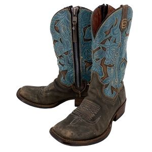 Dan Post brown & teal leaf pattern cowboy boots